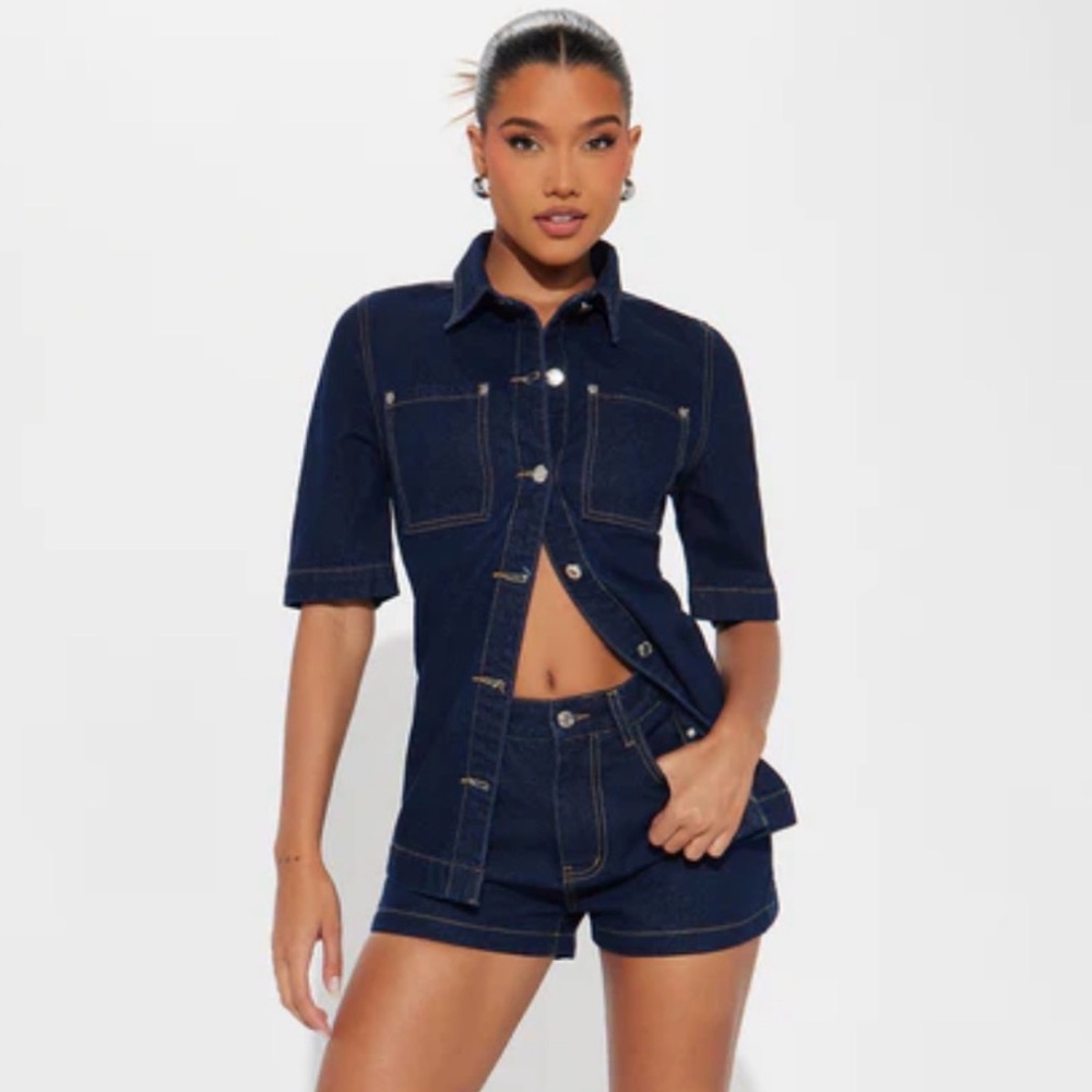 Dark Blue Denim Shirt and Shorts Set